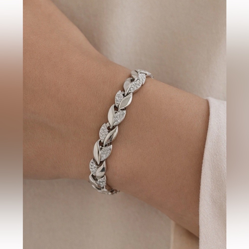 White Gold Plated CZ Leaf Link Bracelet Chunky Chain Sparkle Statement Jewelry